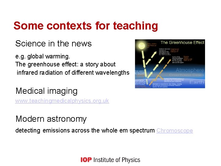 Some contexts for teaching Science in the news e. g. global warming. The greenhouse