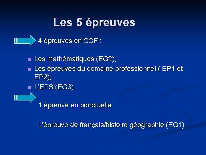 Les 5 épreuves 4 épreuves en CCF : n n n Les mathématiques (EG