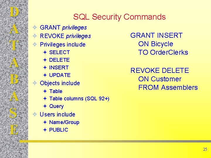 D A T A B A S E SQL Security Commands ² GRANT privileges