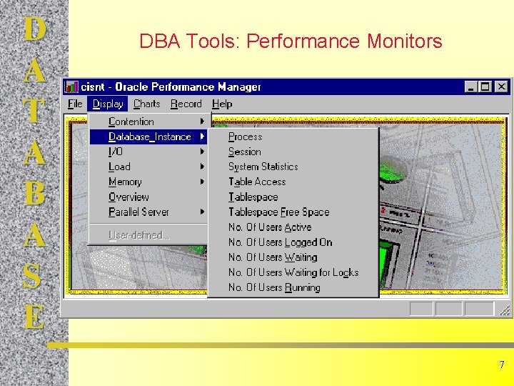 D A T A B A S E DBA Tools: Performance Monitors 7 