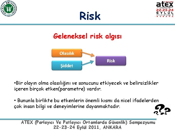Risk Geleneksel risk algısı Olasılık Şiddet Risk • Bir olayın olma olasılığını ve sonucunu