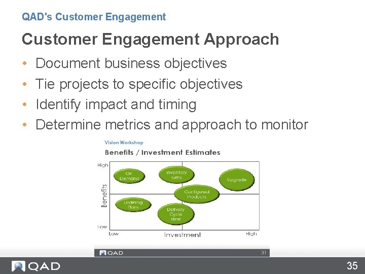 QAD's Customer Engagement Approach • • Document business objectives Tie projects to specific objectives