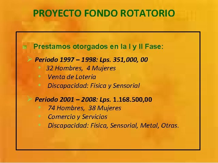 PROYECTO FONDO ROTATORIO Prestamos otorgados en la I y II Fase: Ø Periodo 1997