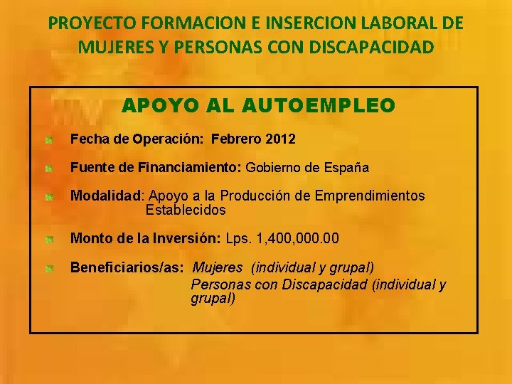 PROYECTO FORMACION E INSERCION LABORAL DE MUJERES Y PERSONAS CON DISCAPACIDAD APOYO AL AUTOEMPLEO