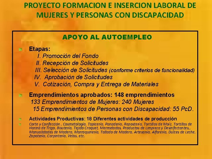 PROYECTO FORMACION E INSERCION LABORAL DE MUJERES Y PERSONAS CON DISCAPACIDAD APOYO AL AUTOEMPLEO