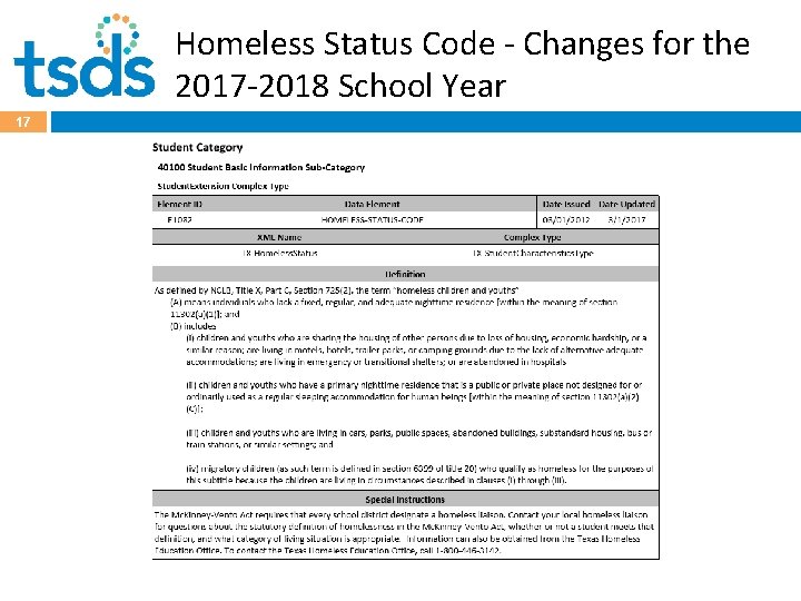 Homeless Status Code - Changes for the 2017 -2018 School Year 17 