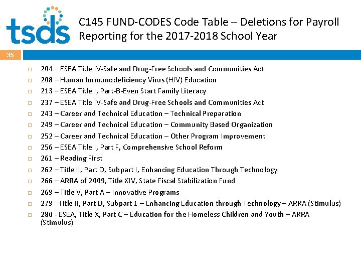 C 145 FUND-CODES Code Table – Deletions for Payroll Reporting for the 2017 -2018