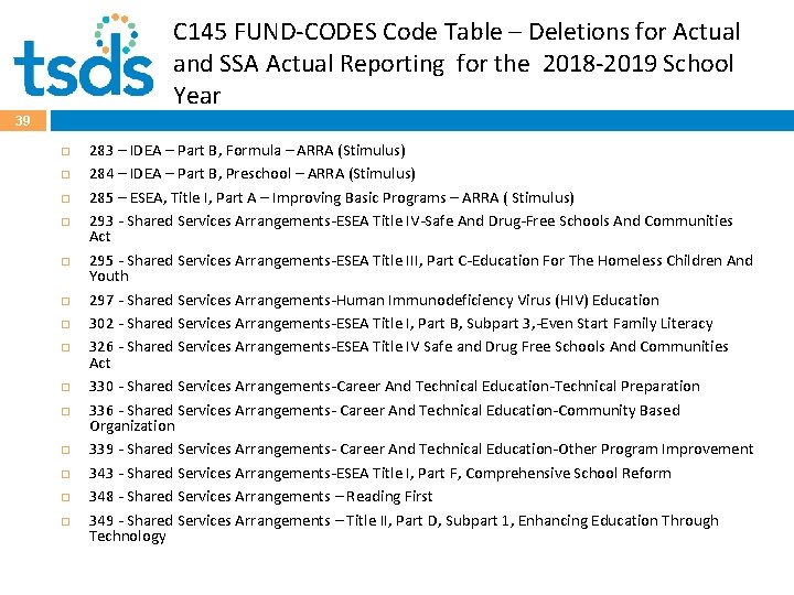C 145 FUND-CODES Code Table – Deletions for Actual and SSA Actual Reporting for