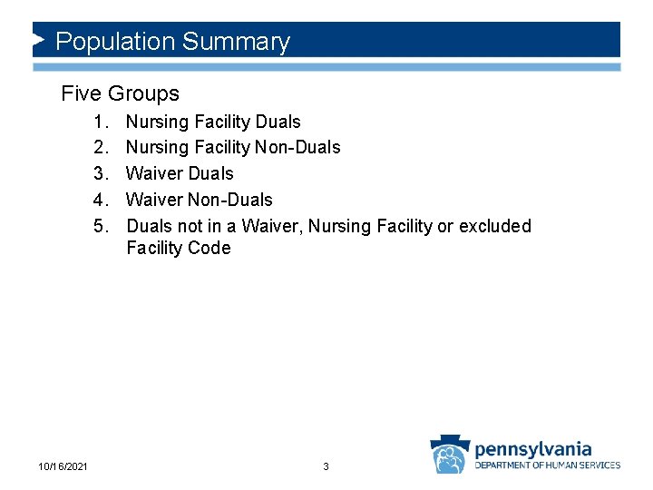 Population Summary Five Groups 1. 2. 3. 4. 5. 10/16/2021 Nursing Facility Duals Nursing