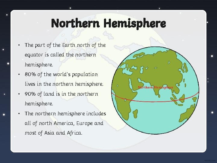 Northern Hemisphere • The part of the Earth north of the equator is called