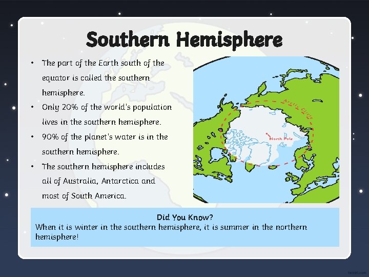 Southern Hemisphere • The part of the Earth south of the equator is called