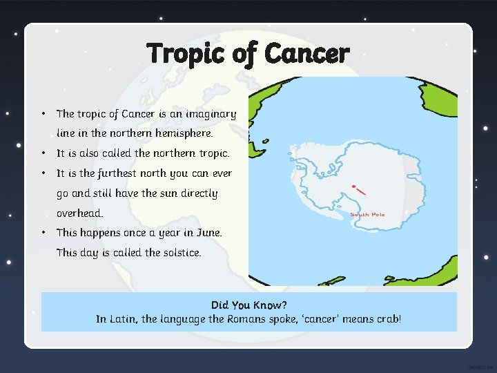 Tropic of Cancer • The tropic of Cancer is an imaginary line in the