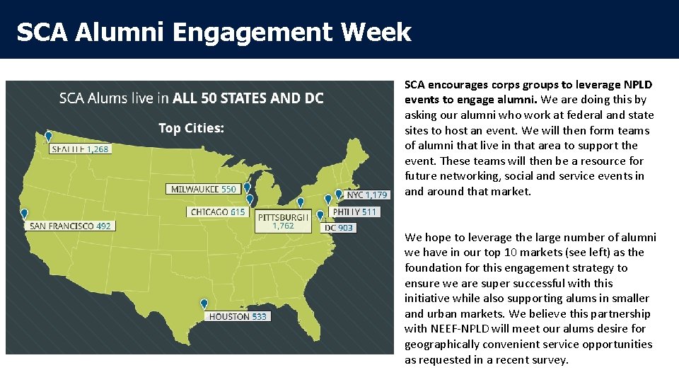 SCA Alumni Engagement Week SCA encourages corps groups to leverage NPLD events to engage