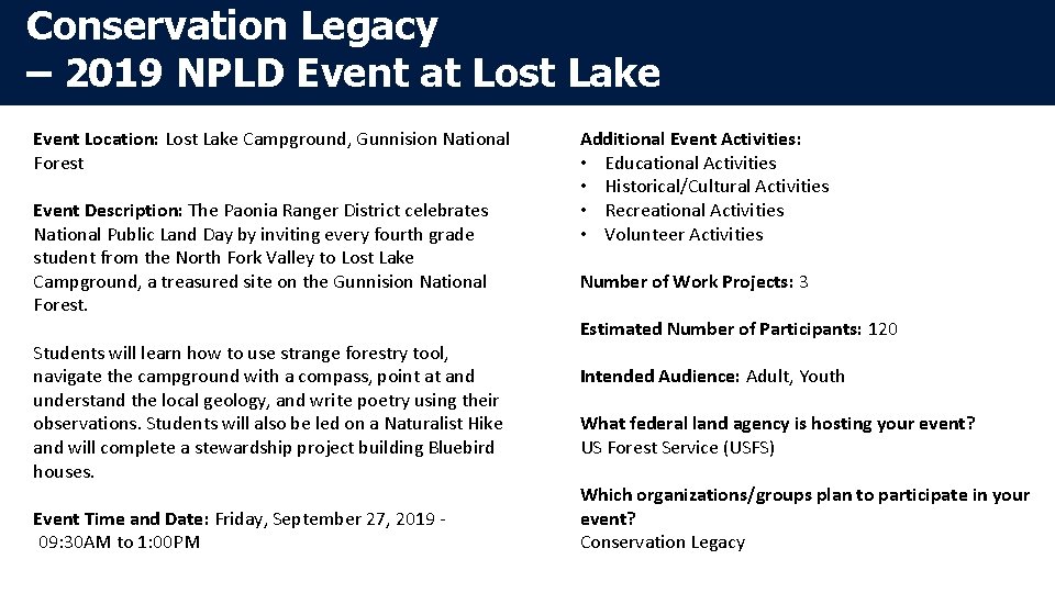 Conservation Legacy – 2019 NPLD Event at Lost Lake Event Location: Lost Lake Campground,