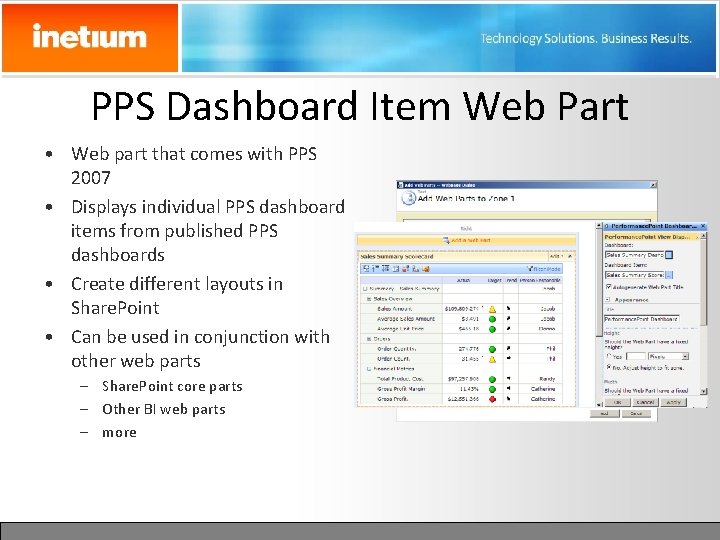 PPS Dashboard Item Web Part • Web part that comes with PPS 2007 •