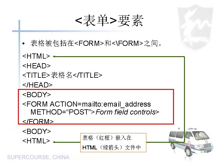 <表单>要素 • 表格被包括在<FORM>和<FORM>之间。 <HTML> <HEAD> <TITLE>表格名</TITLE> </HEAD> <BODY> <FORM ACTION=mailto: email_address METHOD=“POST”>Form field controls>