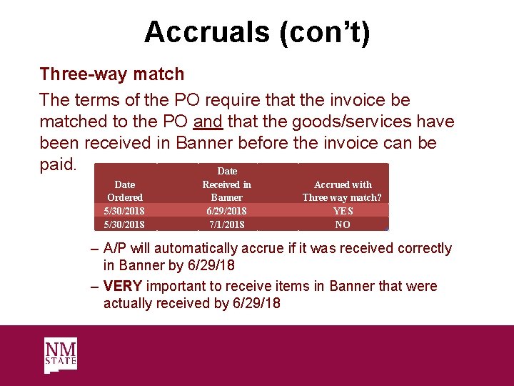 Accruals (con’t) Three-way match The terms of the PO require that the invoice be