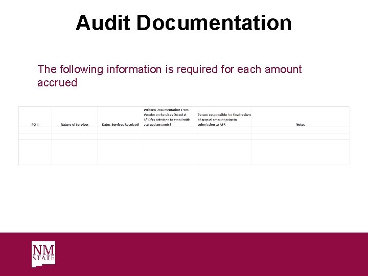 Audit Documentation The following information is required for each amount accrued 