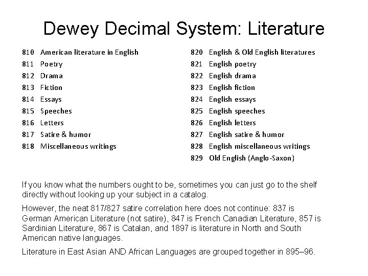 Dewey Decimal System: Literature 810 811 812 813 814 815 816 817 818 American Dewey Decimal System: Literature 810 811 812 813 814 815 816 817 818 American
