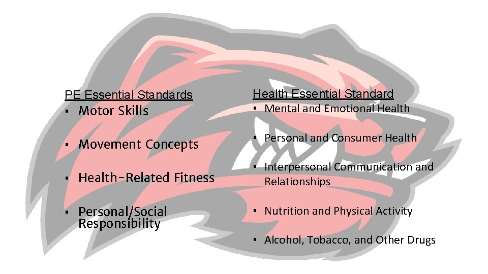 PE Essential Standards ▪ Motor Skills ▪ Movement Concepts ▪ Health-Related Fitness ▪ Personal/Social