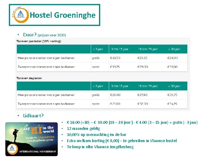 Hostel Groeninghe • Duur? (prijzen voor 2020) • Lidkaart? • • • € 16.