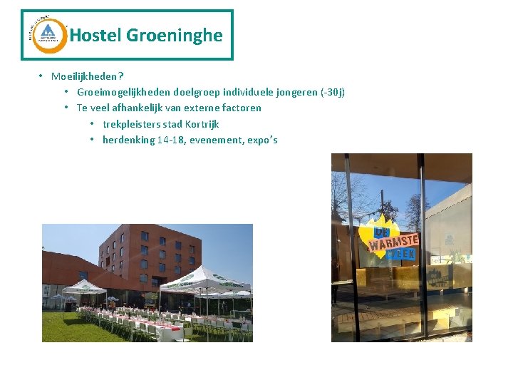 Hostel Groeninghe • Moeilijkheden? • Groeimogelijkheden doelgroep individuele jongeren (-30 j) • Te veel