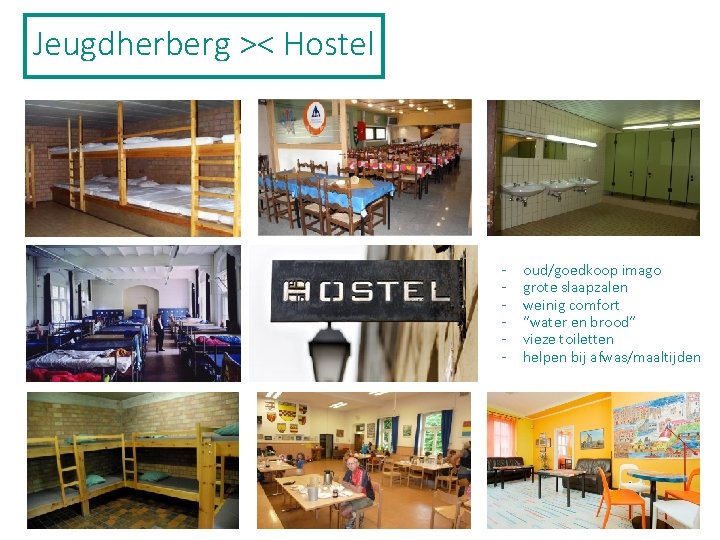 Jeugdherberg >< Hostel - oud/goedkoop imago grote slaapzalen weinig comfort “water en brood” vieze