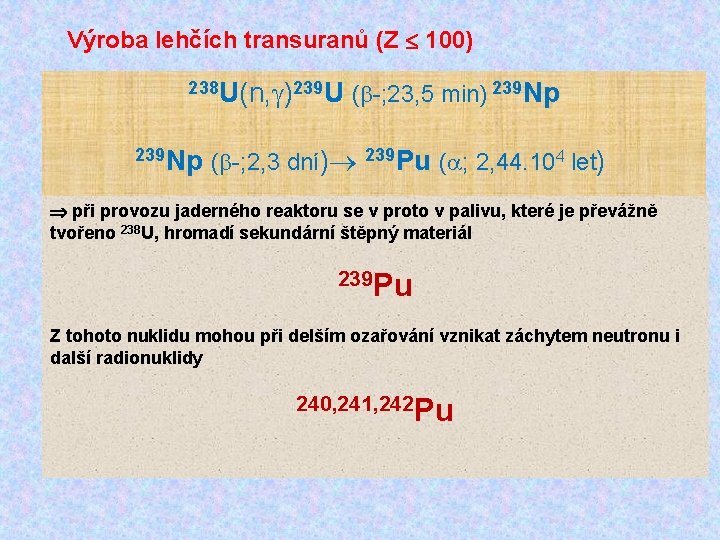 Výroba lehčích transuranů (Z 100) 238 U(n, )239 U 239 Np ( -; 23,