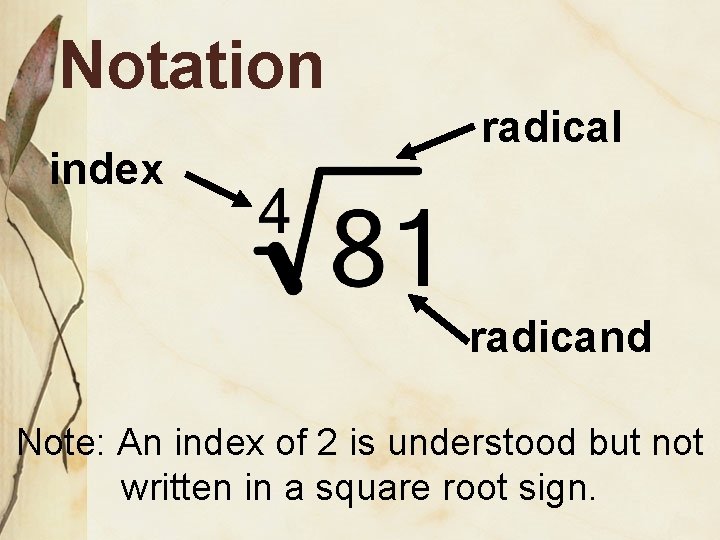 Notation index radical radicand Note: An index of 2 is understood but not written