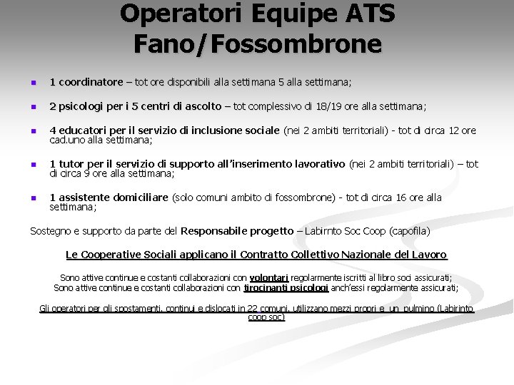 Operatori Equipe ATS Fano/Fossombrone n 1 coordinatore – tot ore disponibili alla settimana 5
