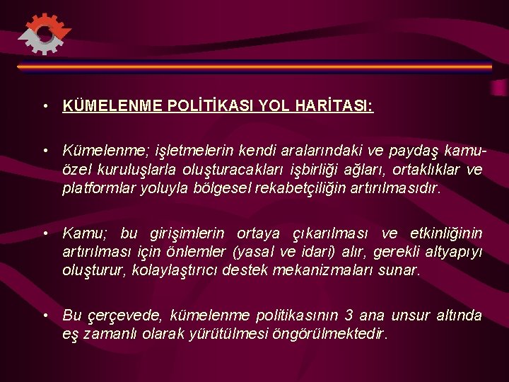  • KÜMELENME POLİTİKASI YOL HARİTASI: • Kümelenme; işletmelerin kendi aralarındaki ve paydaş kamuözel