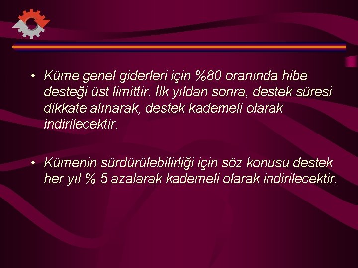  • Küme genel giderleri için %80 oranında hibe desteği üst limittir. İlk yıldan