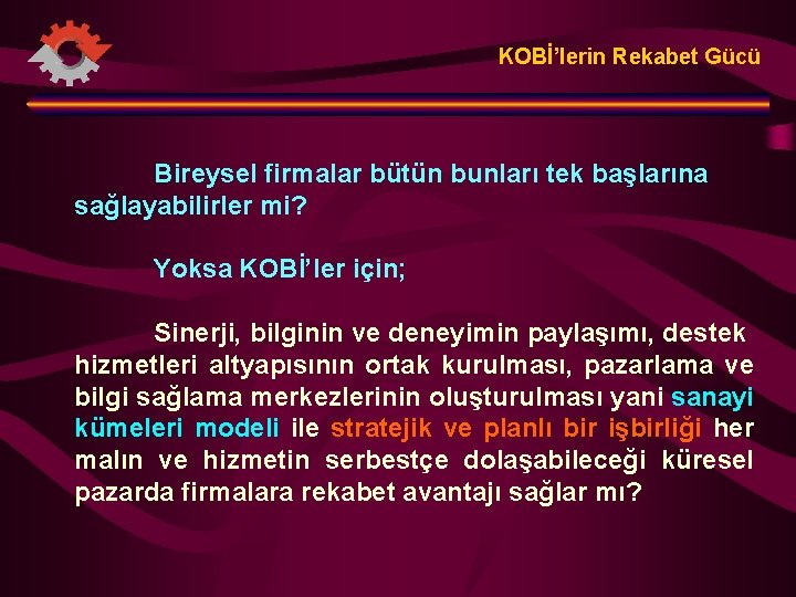 KOBİ’lerin Rekabet Gücü Bireysel firmalar bütün bunları tek başlarına sağlayabilirler mi? Yoksa KOBİ’ler için;