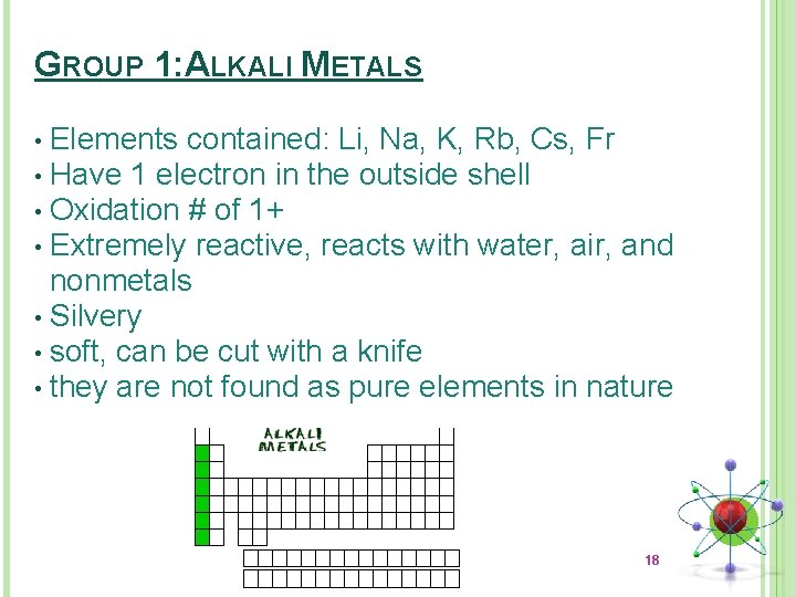 GROUP 1: ALKALI METALS Elements contained: Li, Na, K, Rb, Cs, Fr • Have GROUP 1: ALKALI METALS Elements contained: Li, Na, K, Rb, Cs, Fr • Have