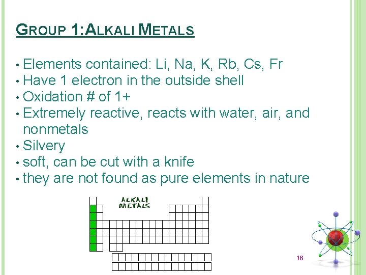 GROUP 1: ALKALI METALS Elements contained: Li, Na, K, Rb, Cs, Fr • Have