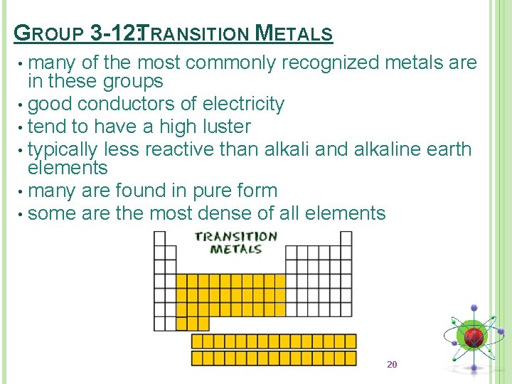 GROUP 3 -12: TRANSITION METALS many of the most commonly recognized metals are in GROUP 3 -12: TRANSITION METALS many of the most commonly recognized metals are in