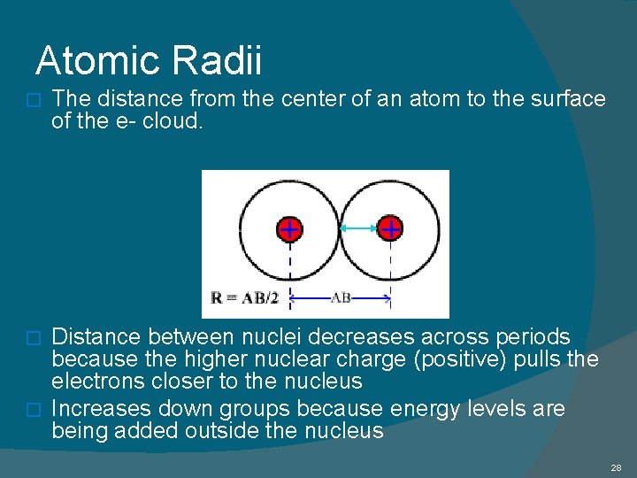 Atomic Radii � The distance from the center of an atom to the surface Atomic Radii � The distance from the center of an atom to the surface