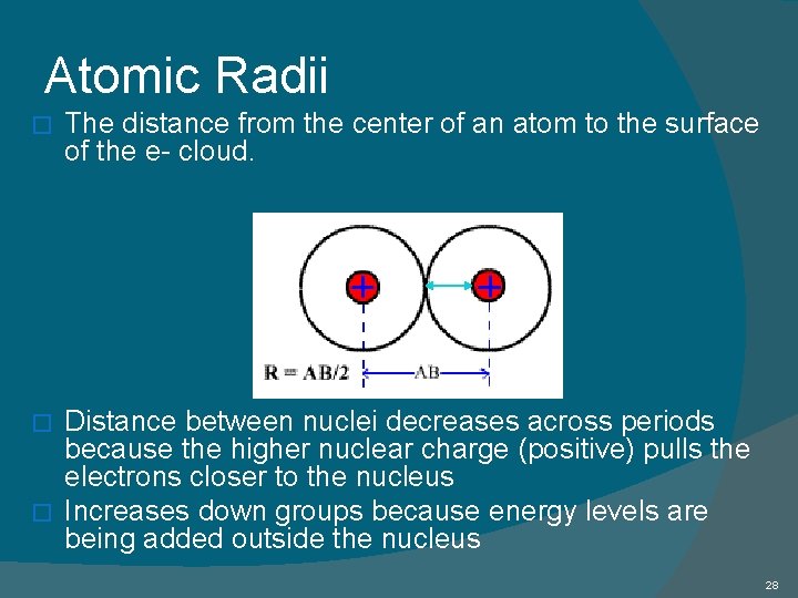 Atomic Radii � The distance from the center of an atom to the surface