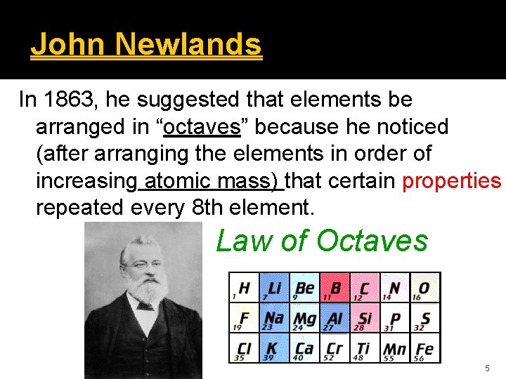John Newlands In 1863, he suggested that elements be arranged in “octaves” because he