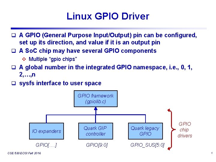 Linux GPIO Driver q A GPIO (General Purpose Input/Output) pin can be configured, set