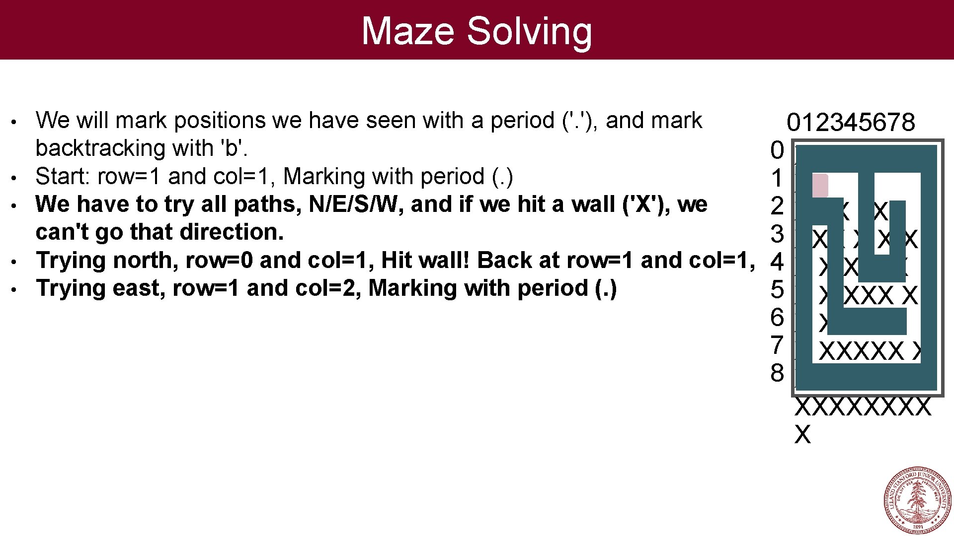 Maze Solving • • • We will mark positions we have seen with a