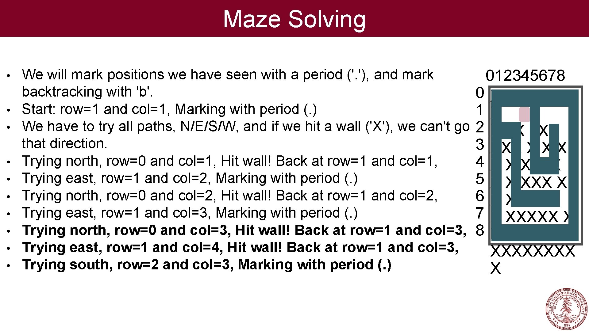 Maze Solving • • • We will mark positions we have seen with a