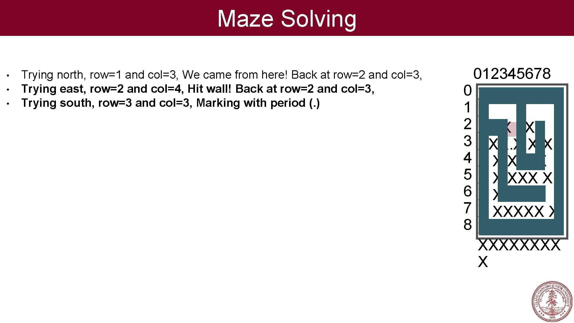 Maze Solving • • • Trying north, row=1 and col=3, We came from here!