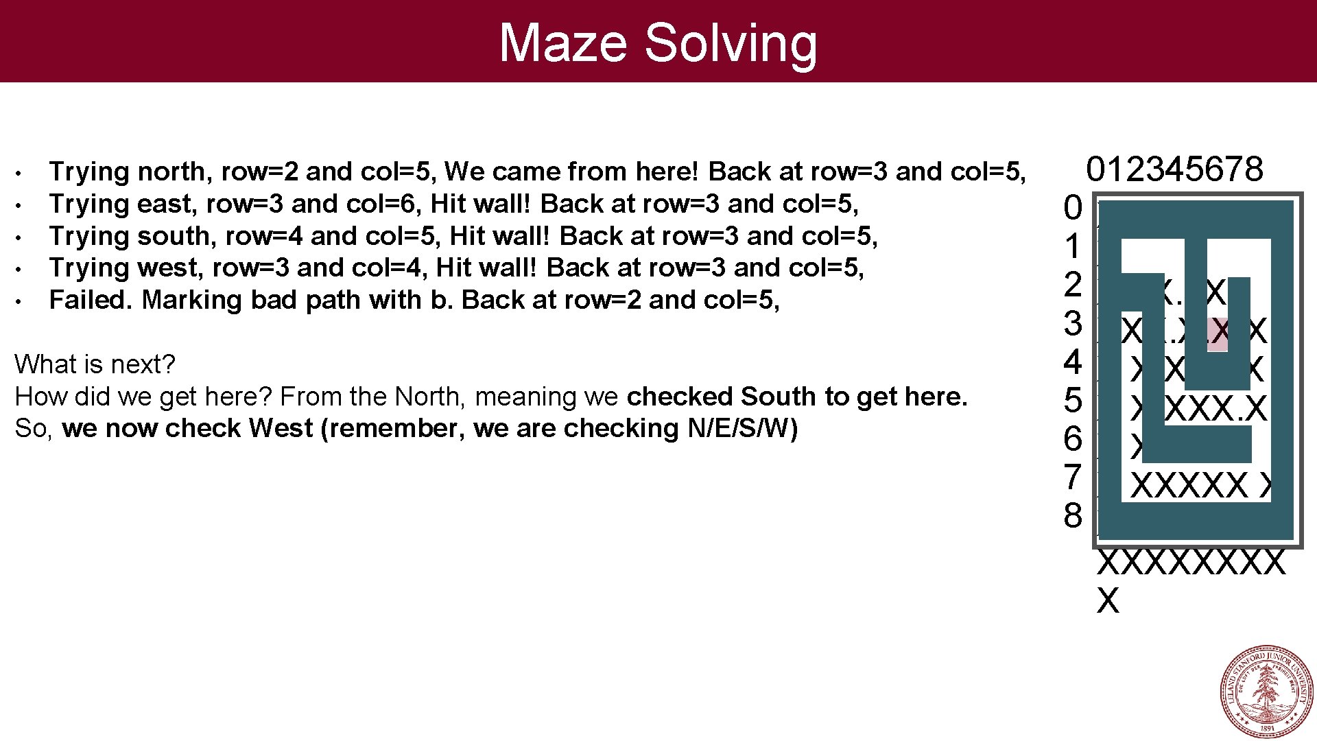 Maze Solving • • • Trying north, row=2 and col=5, We came from here!