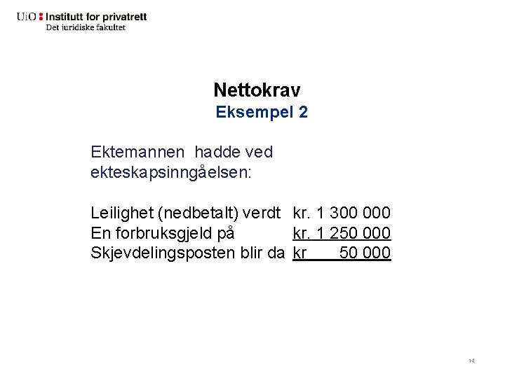 Nettokrav Eksempel 2 Ektemannen hadde ved ekteskapsinngåelsen: Leilighet (nedbetalt) verdt kr. 1 300 000