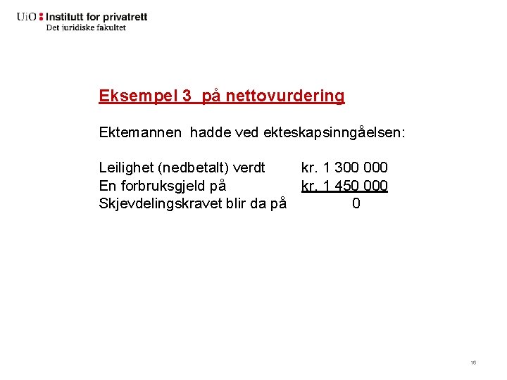 Eksempel 3 på nettovurdering Ektemannen hadde ved ekteskapsinngåelsen: Leilighet (nedbetalt) verdt kr. 1 300
