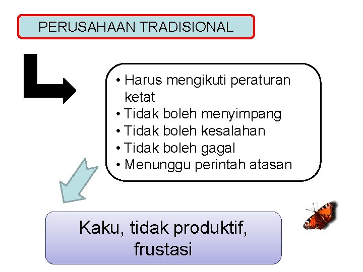 PERUSAHAAN TRADISIONAL • Harus mengikuti peraturan ketat • Tidak boleh menyimpang • Tidak boleh