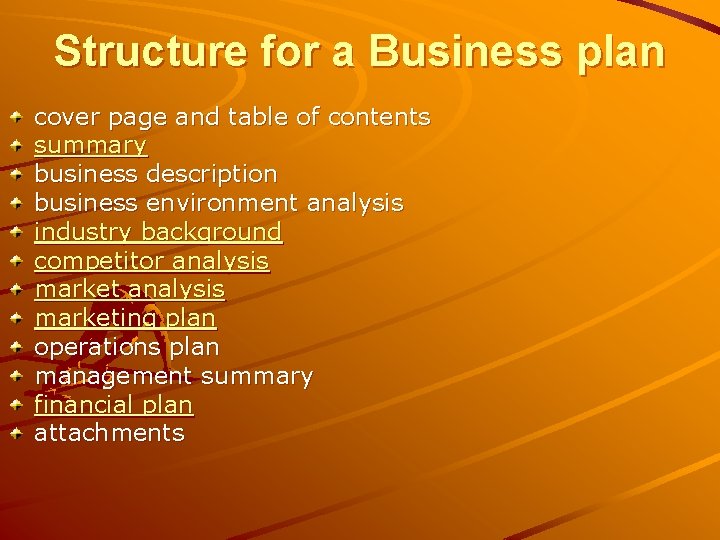 Structure for a Business plan cover page and table of contents summary business description