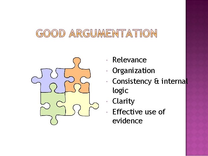  Relevance Organization Consistency & internal logic Clarity Effective use of evidence 