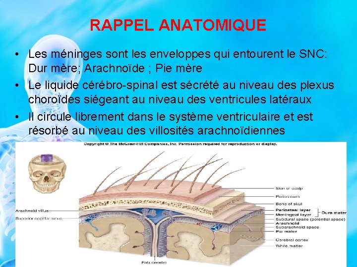 RAPPEL ANATOMIQUE • Les méninges sont les enveloppes qui entourent le SNC: Dur mère;